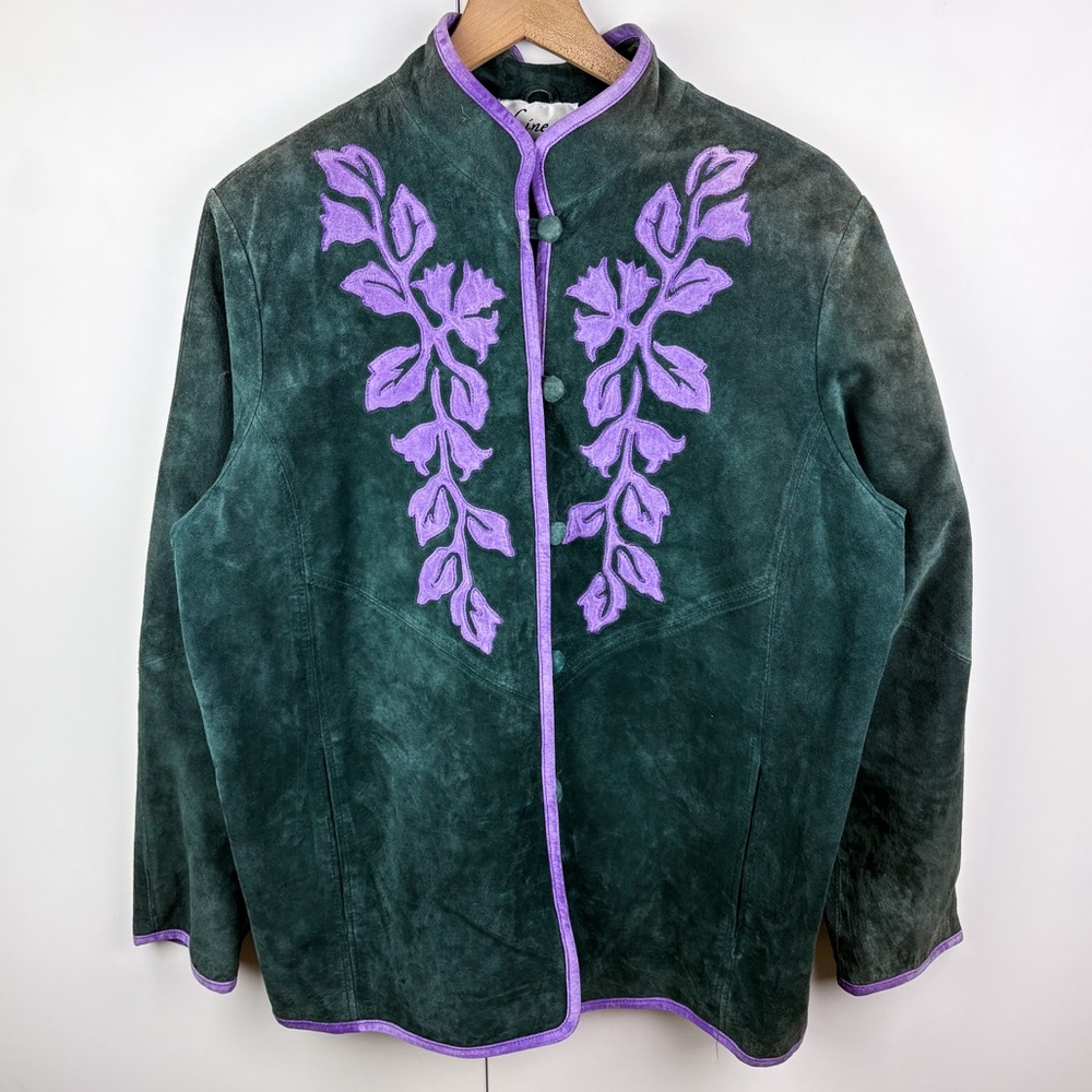 Vintage Suede Leather Vine Leaf Mandarin Collar Jacket Green Purple Large Linea - Picture 1 of 7
